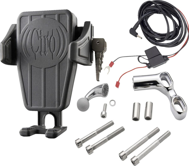 Gen 2 Cybercharger Phone Holder Black / Chrome / Flat For Harley Davidson FLD 1690 2012-2013