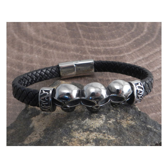 Skull Head Leather Braid Bracelet 8 Inch Wrist