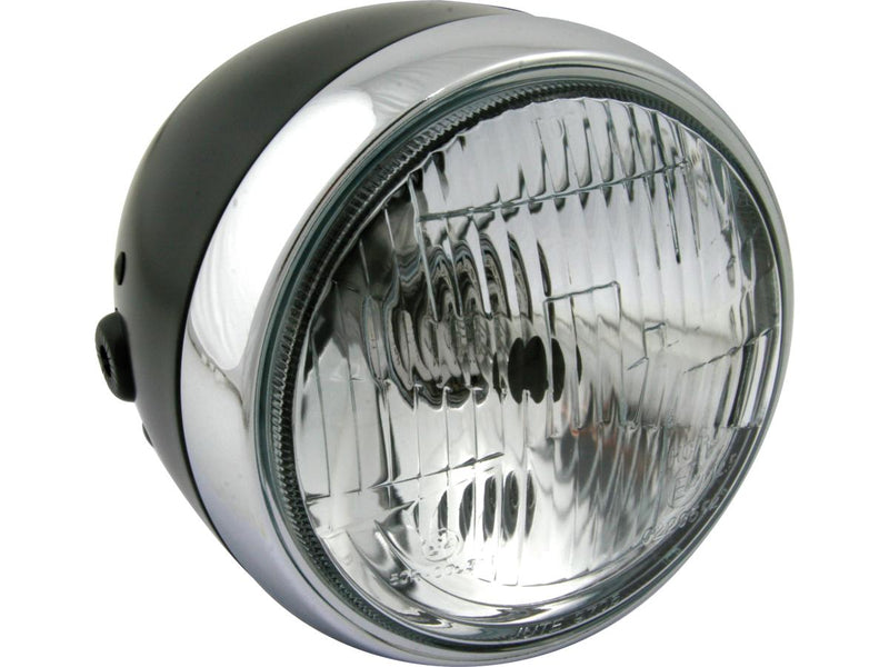 Vintage Headlight Black Powder Coated H4 Chrome Bezel - 5-3/4 Inch