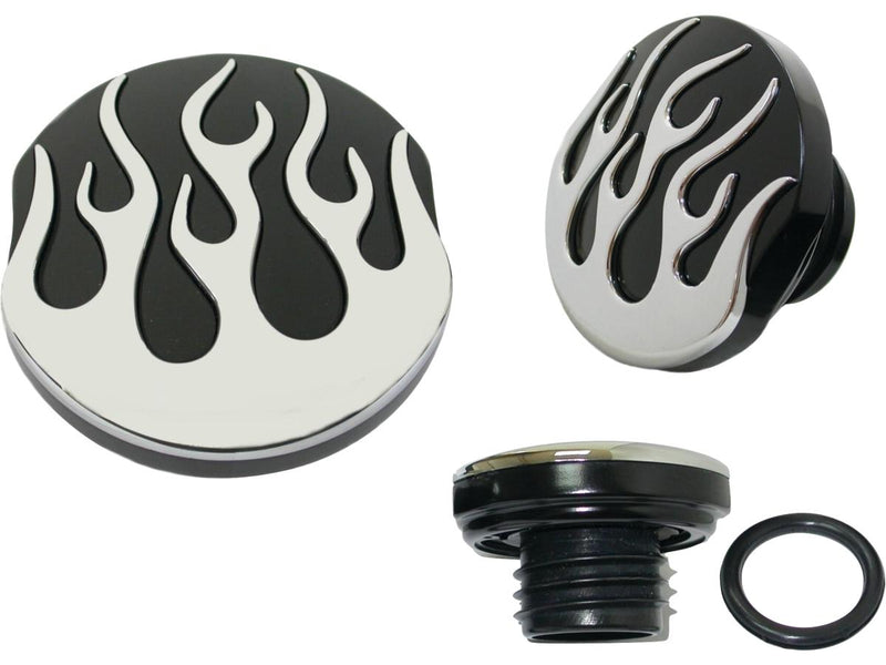 Custom Flamed Gas Cap Set Of Left & Right Cap Vented & Non-Vented Black