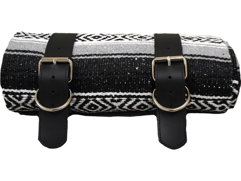 Mexican Serape Roll-up Blanket With Black Leather Belts Black / White Serape