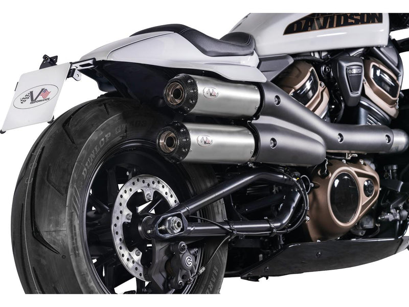 Sportster S 2in2 Racing Muffler & Mid-Pipe Set Endcap Tracker Carbon Stainless Steel Satin