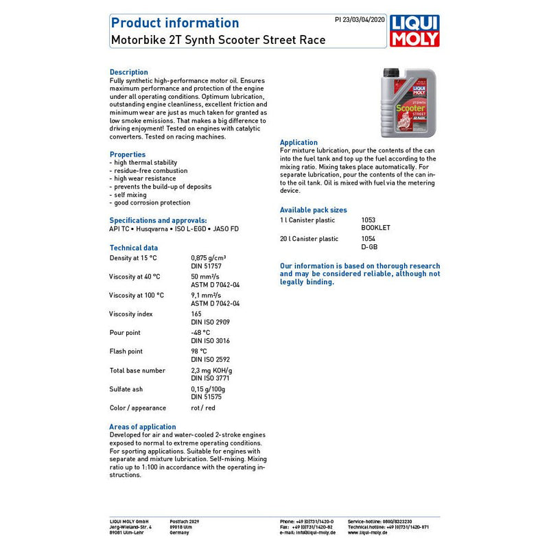 Liqui Moly 2 Stroke Fully Synthetic Scooter Street Race Oil
