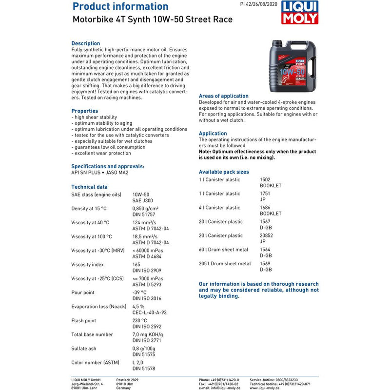 Liqui Moly 4 Stroke Fully Synthetic Street Race 10W-50 Oil