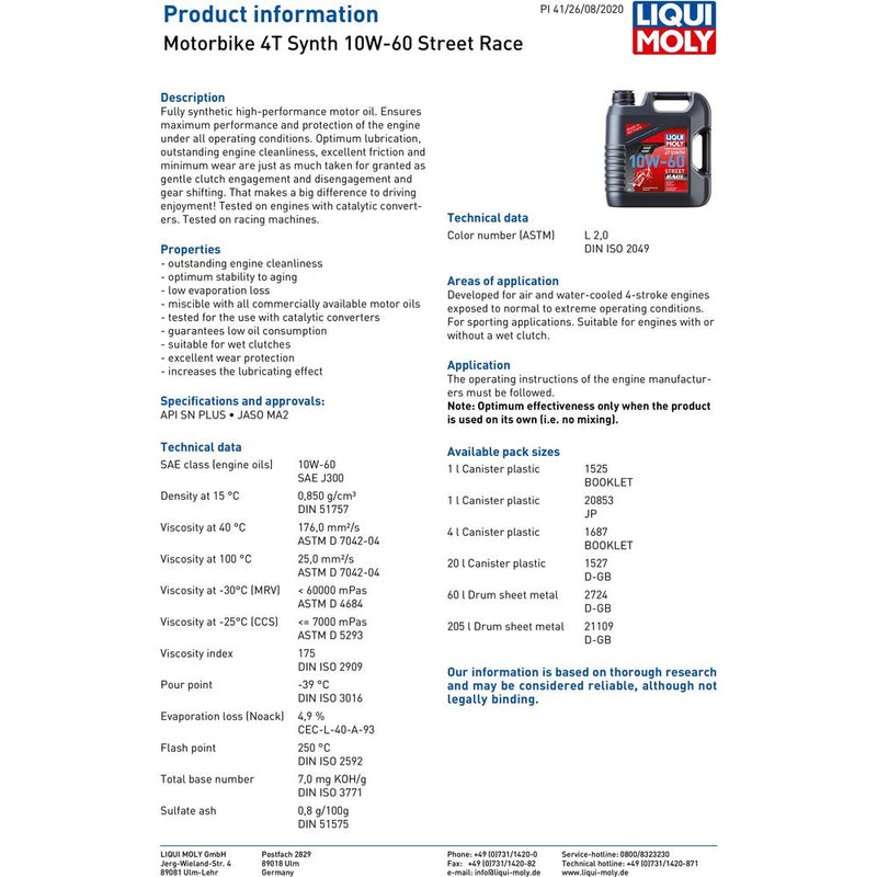 Liqui Moly 4 Stroke Fully Synthetic Street Race 10W-60 Oil
