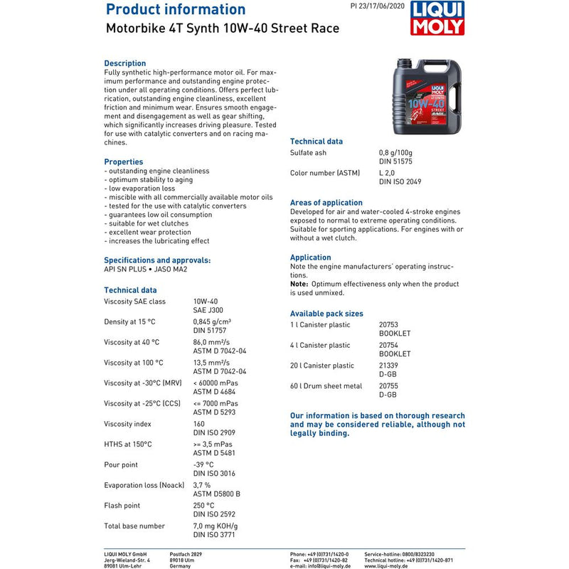 Liqui Moly 4 Stroke Fully Synthetic Street Race 10W-40 Motoroil