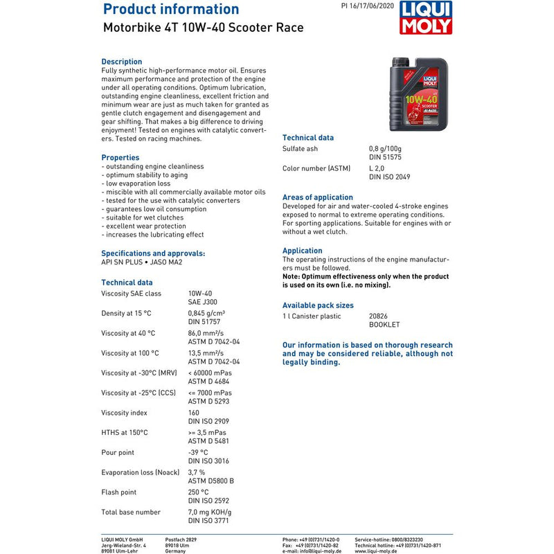Liqui Moly 4 Stroke Fully Synthetic Scooter Race Oil 10W-40