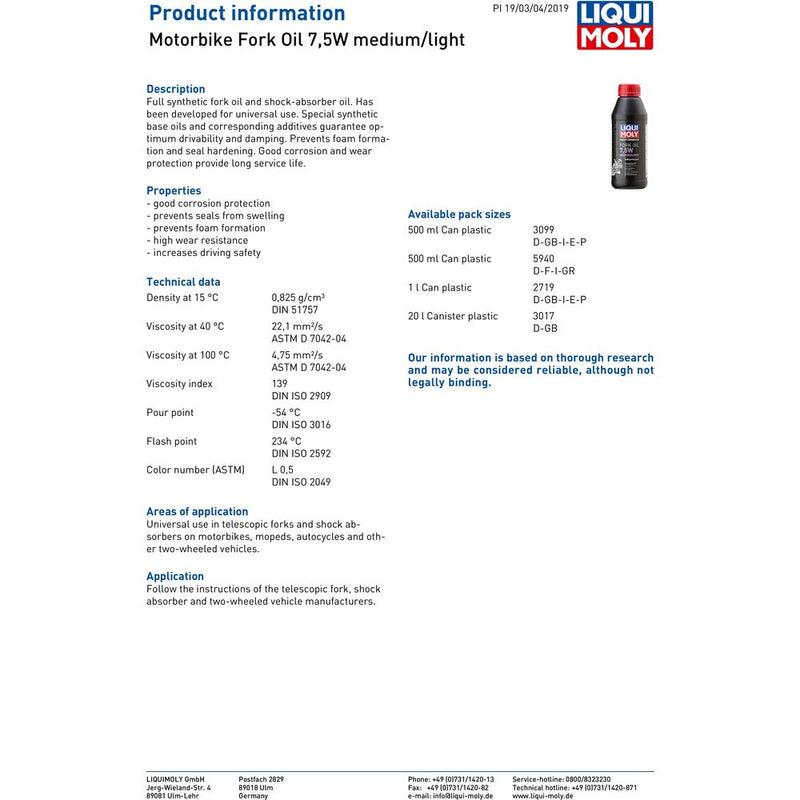 Liqui Moly 7.5W Medium / Light Fork Oil - 3099