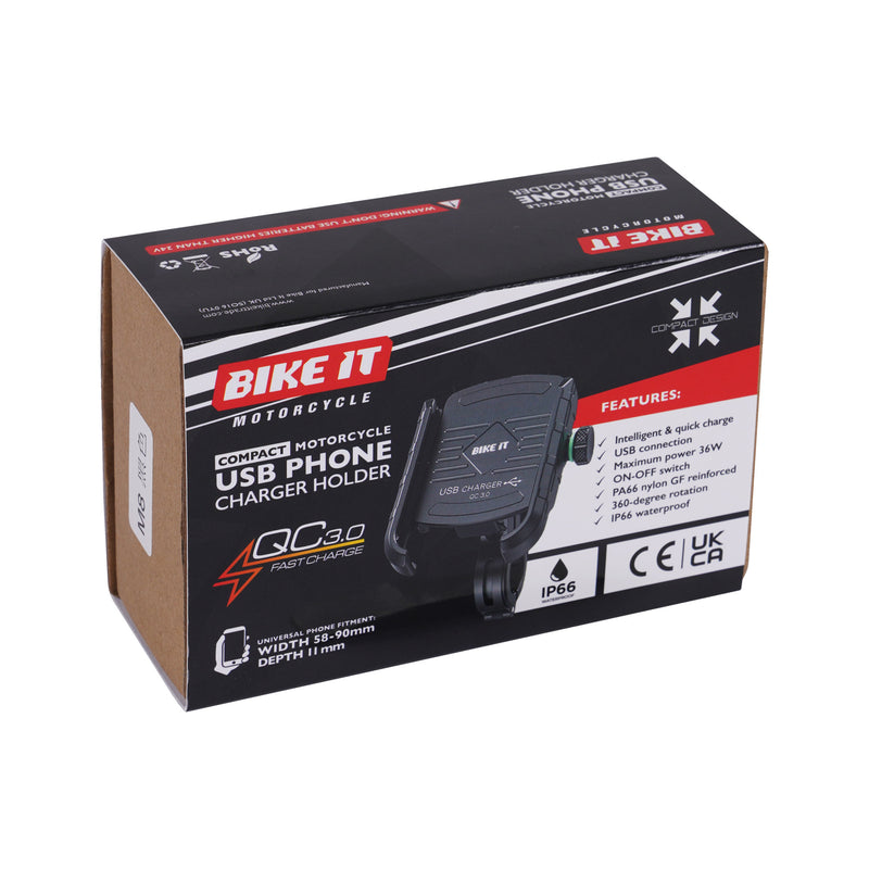 Compact Motorcycle USB QC3.0 Phone Charger Holder
