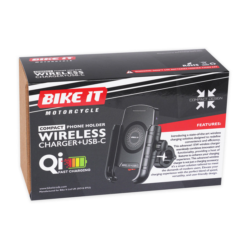 Compact Motorcycle Wireless Charger + USB-C Phone Holder