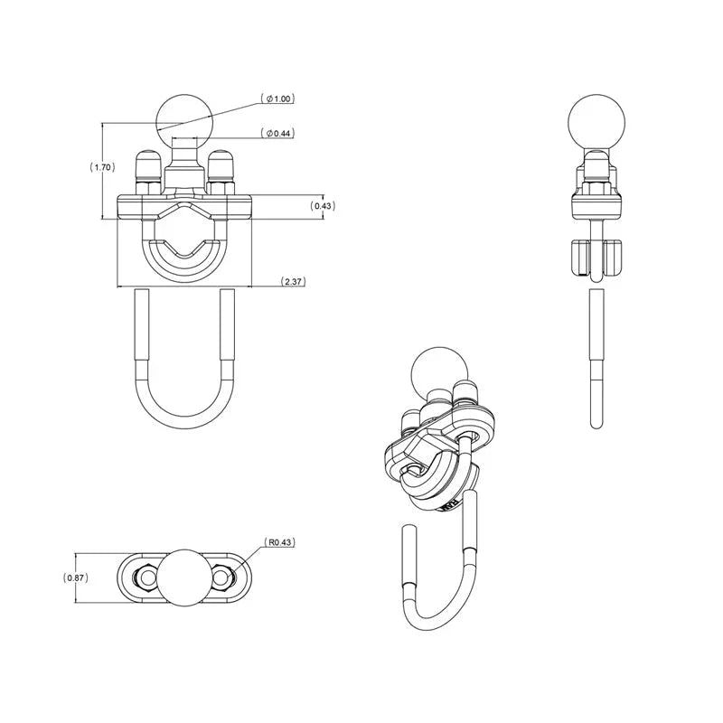 Handlebar U-Bolt Base For Rails 0.5" to 1.25" in Diameter - B Size