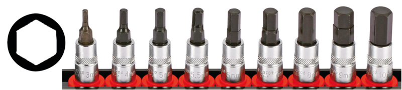 1/4 Inch Socketbitset Hex Metric 9Pc On Rail
