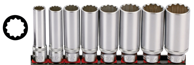 3/8 Inch Socketset Long Inch Sizes 8Pc On Ra
