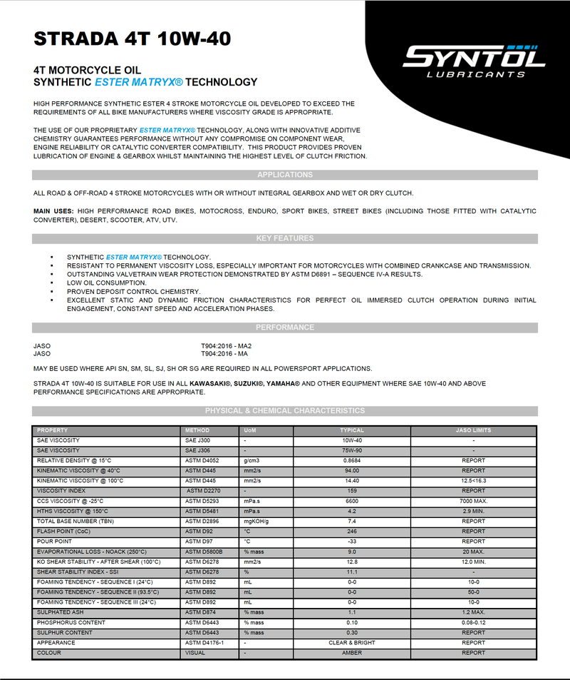 Strada 4T 10W-40 Motorcycle Synthetic Oil