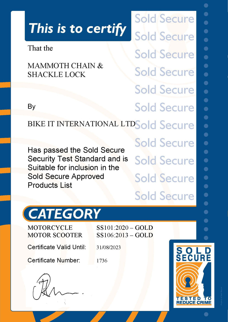 Sold Secure Gold Approved 12 MM X 1.2 M Square Chain With Shackle Lock