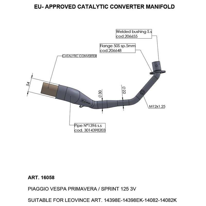 Catalytic Converter Manifold For Vespa Primavera 125 IGET ABS 2021-2022