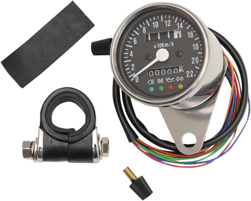 Mechanical Speedometer 1:1 Km/H With LED Indicators Chrome Black Face - 2.4 Inch