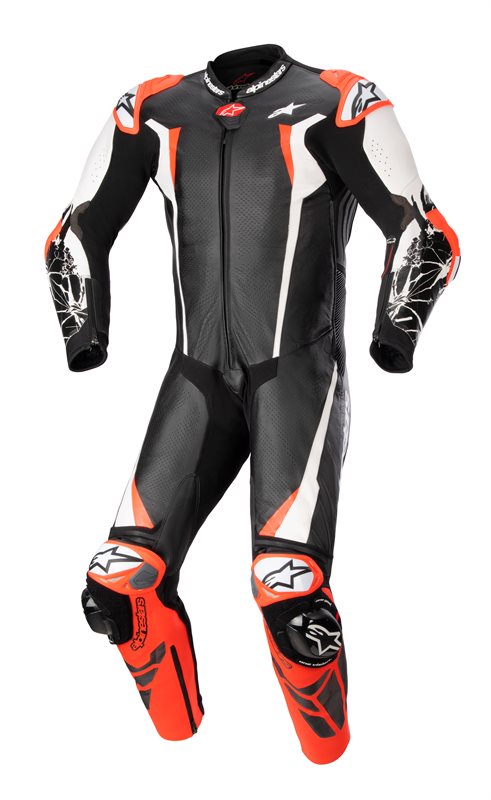 Racing Absolute V2 One Piece Leather Suit Black / White / Fluo Red