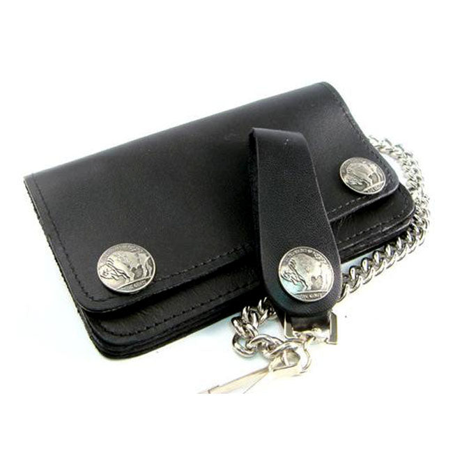 Black Leather Biker Chain Wallet With Braided Edge