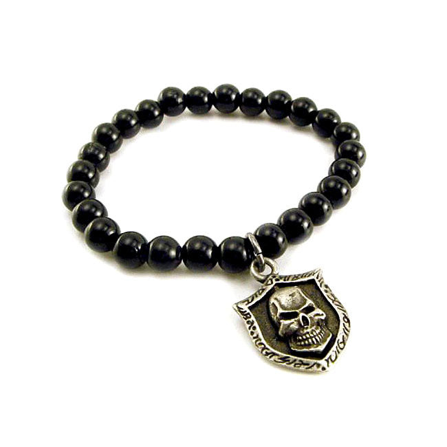 Black Glass Bead Bracelet Skull Shield