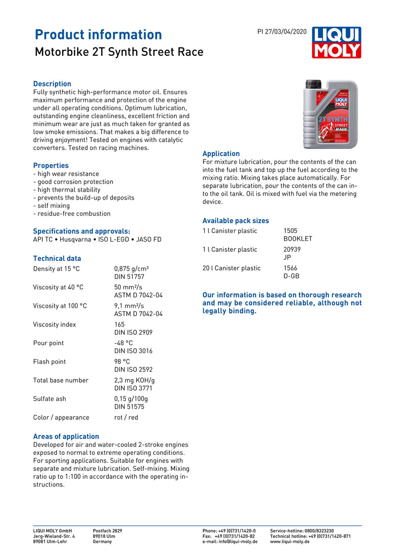 Liqui Moly 2 Stroke Fully Synthetic Street Race Oil Moto Superstore
