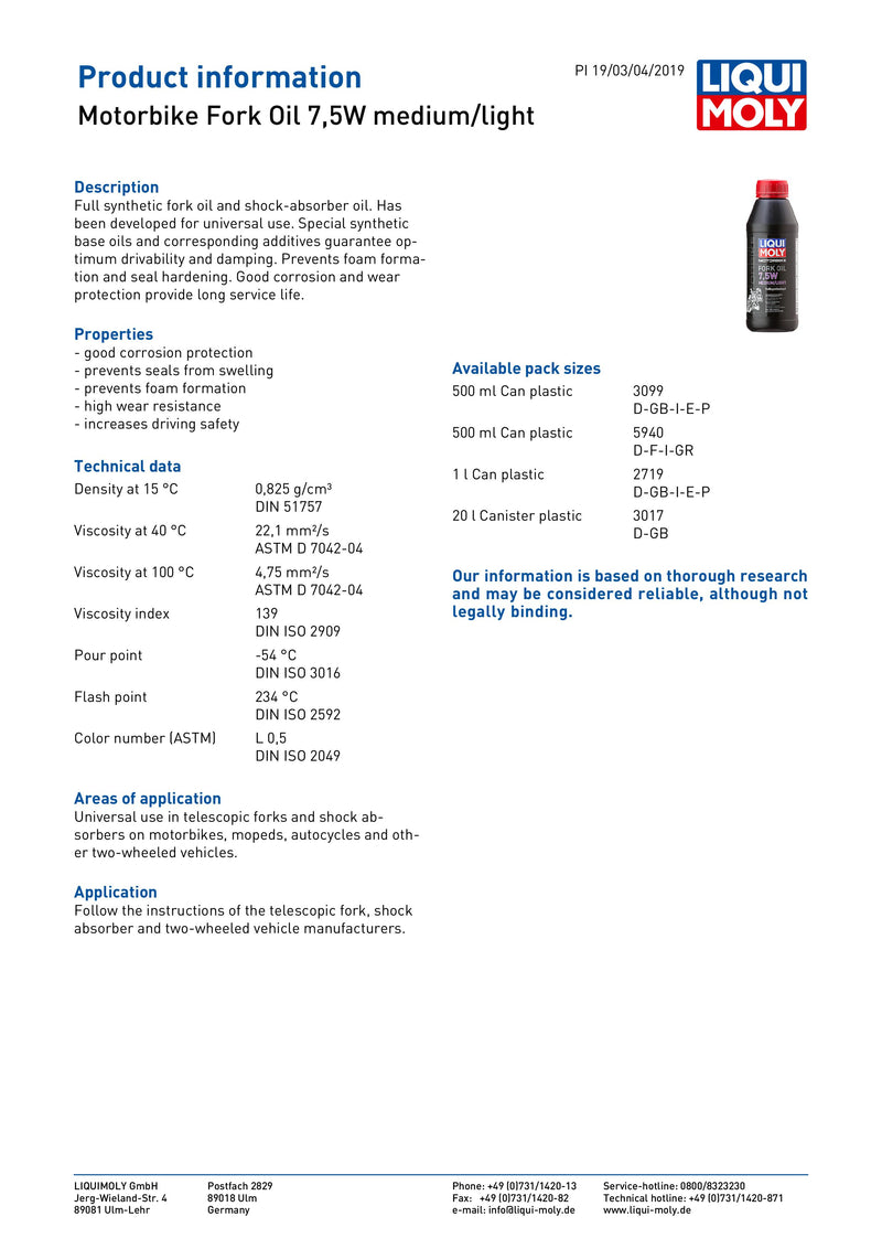 7.5W Medium / Light Fork Oil - 3017